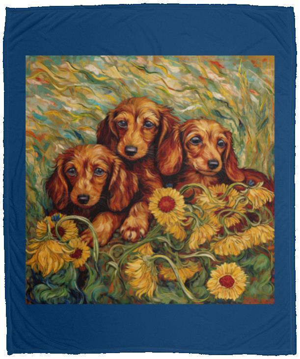 CustomCat Apparel VPM Cozy Plush Fleece Blanket - 50x60 / Royal Dachshund Puppies in a Sunflower Field Blankets