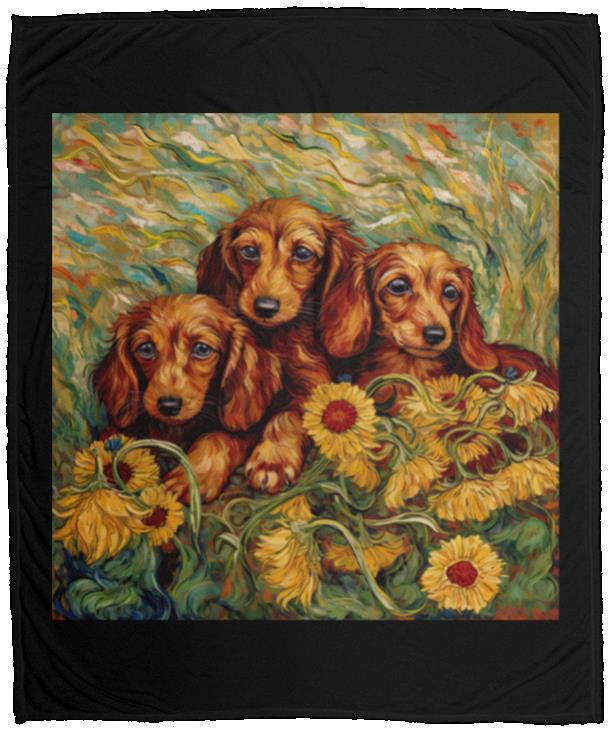 CustomCat Apparel VPM Cozy Plush Fleece Blanket - 50x60 / Black Dachshund Puppies in a Sunflower Field Blankets