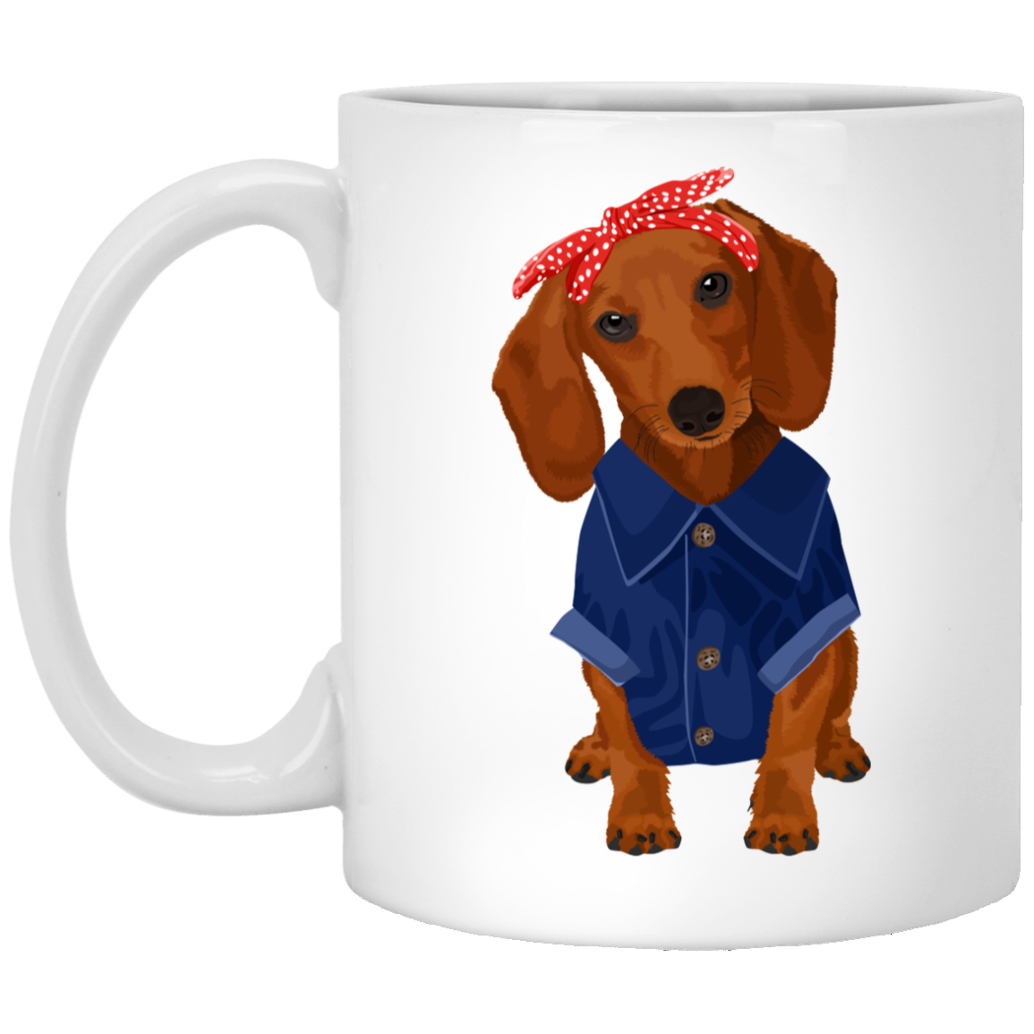CustomCat Coffee Mug 11 oz. White Mug Dachshund Brown Dog Rosie the Riveter Mugs