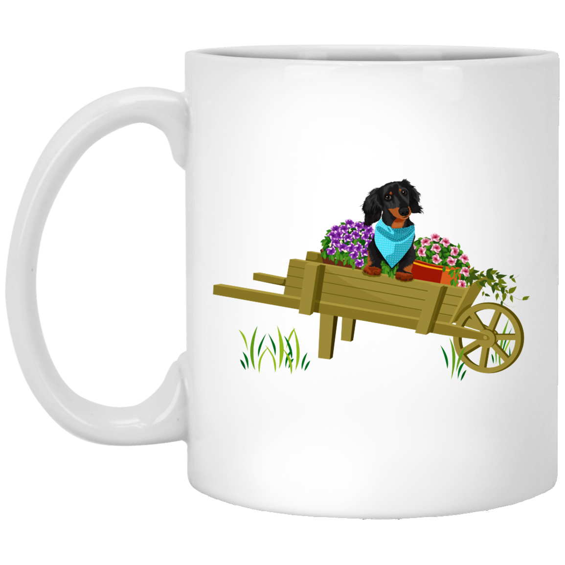 Dachshund Black + Tan in Wheelbarrow Mugs