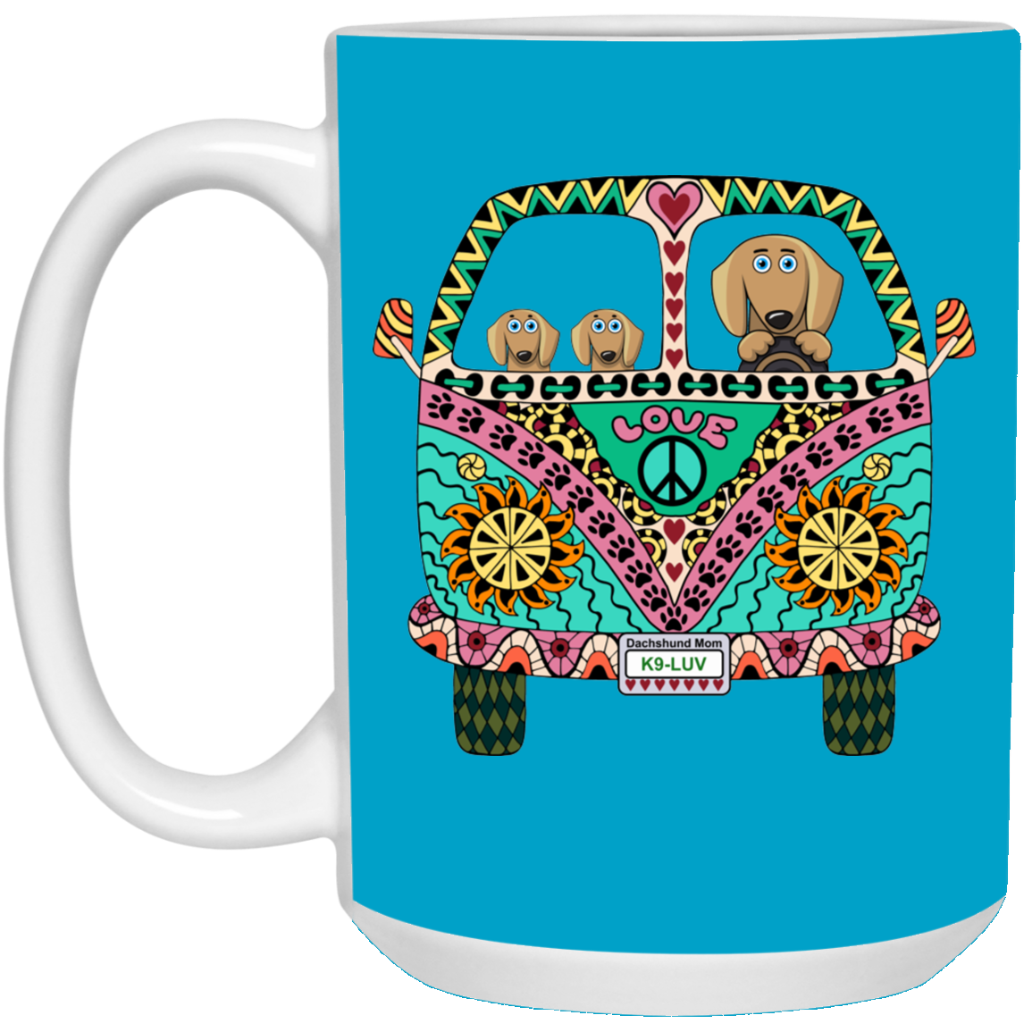 CustomCat Coffee Mug LARGE Mug 15 oz. / Turquoise Dachshunds Love Bus Brown Dog Mugs