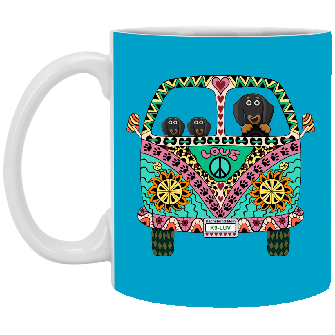 CustomCat Coffee Mug SMALL Mug 11 oz. / Turquoise Dachshunds Love Bus Black + Tan Dog Mugs