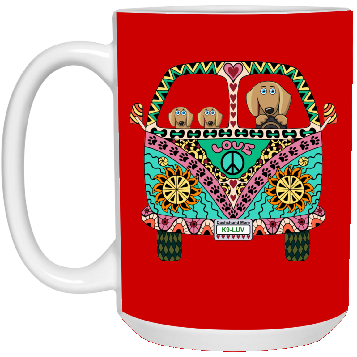 CustomCat Coffee Mug LARGE Mug 15 oz. / Red Dachshunds Love Bus Brown Dog Mugs