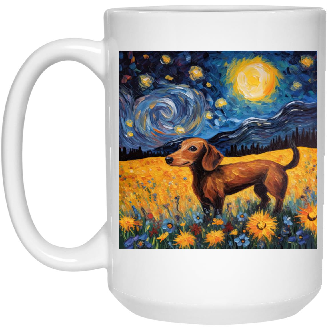 CustomCat Apparel 15 oz. White Mug Dachshund Starry Night Flower Field Delight Mugs