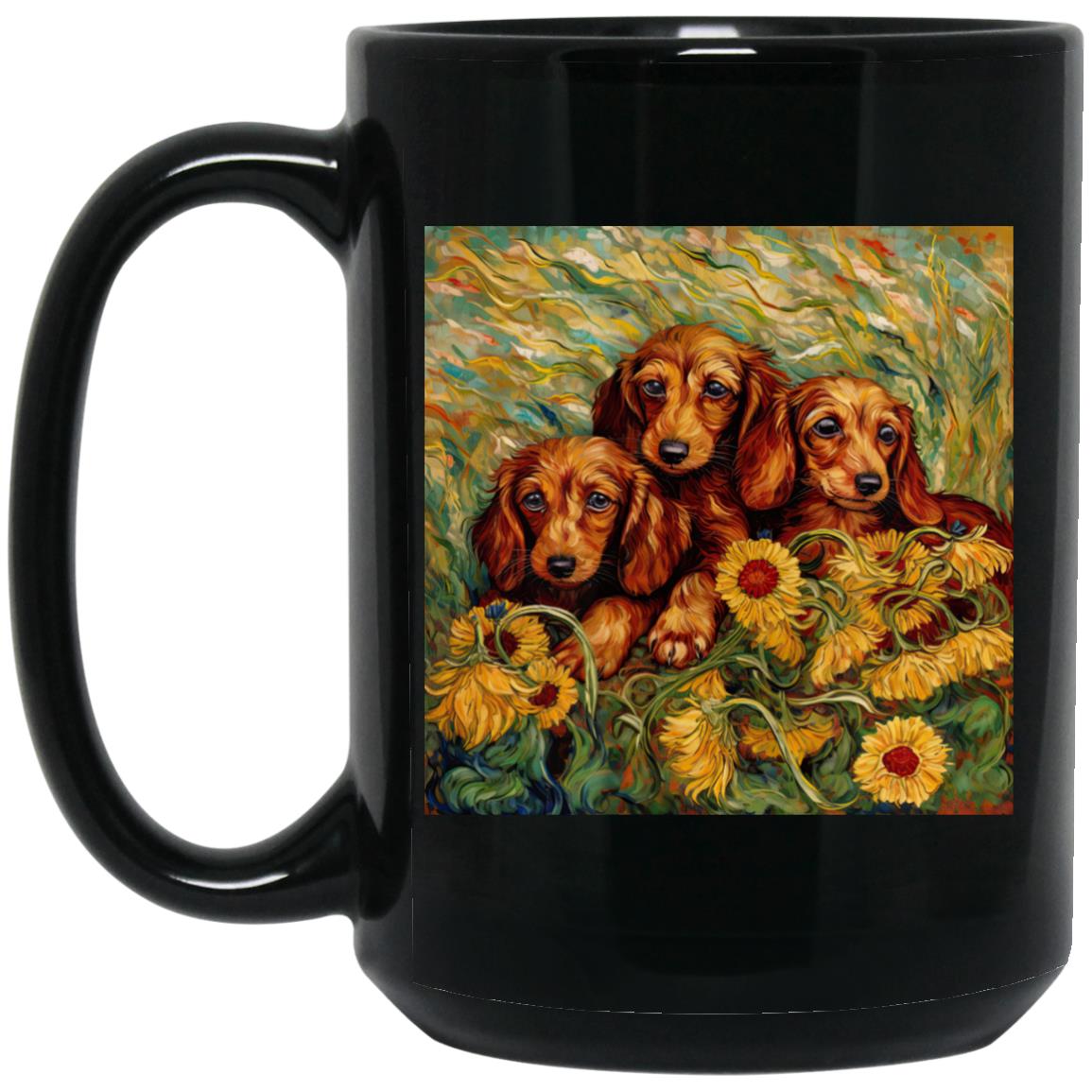 CustomCat Apparel 15 oz. Black Mug Dachshund Puppies in a Sunflower Field Mugs