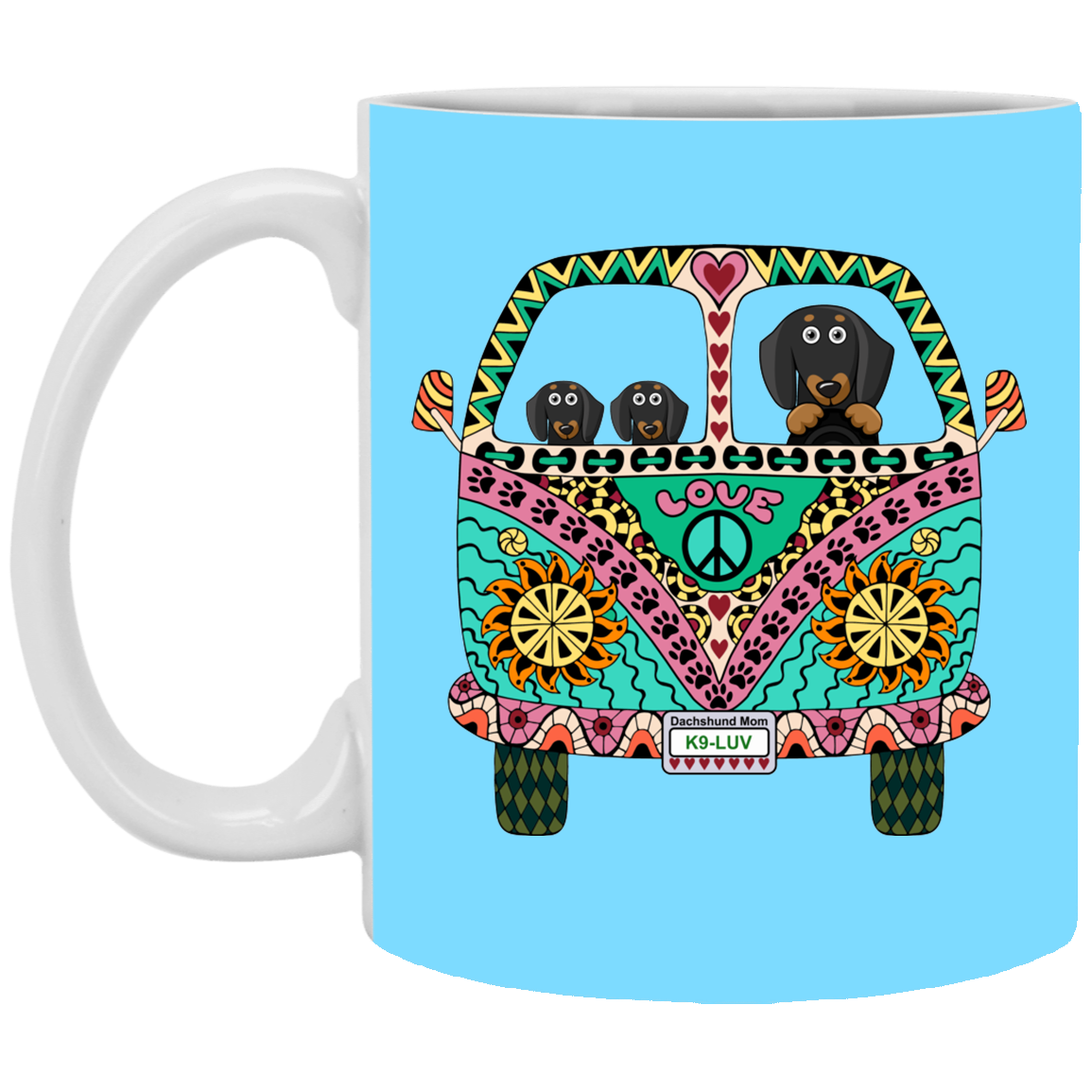 CustomCat Coffee Mug SMALL Mug 11 oz. / Columbia Blue Dachshunds Love Bus Black + Tan Dog Mugs