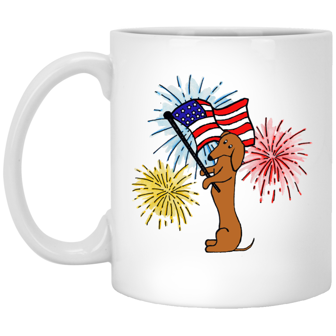 CustomCat Coffee Mug 11 oz. White Mug Dachshund Tan Patriotic Celebration Mugs