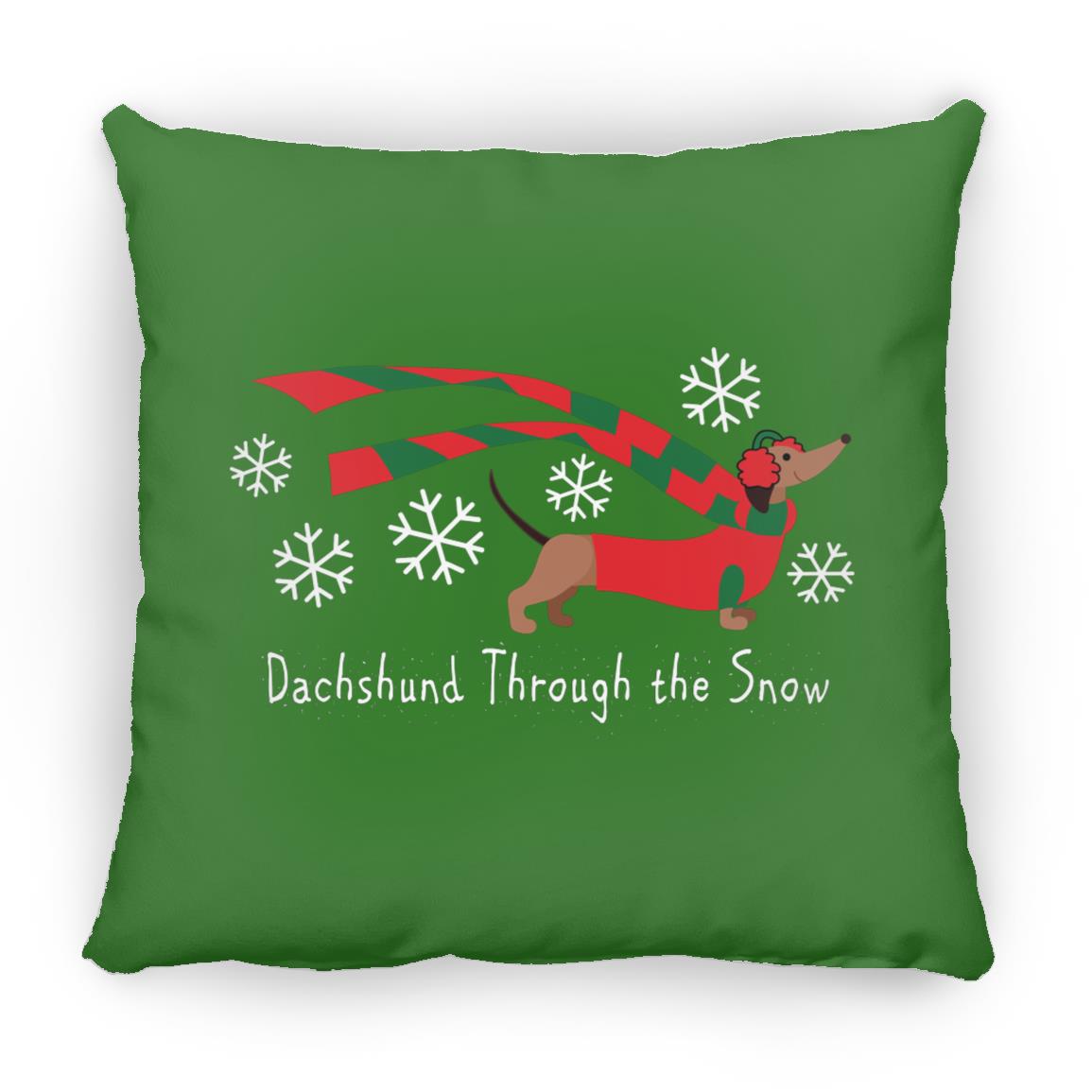 CustomCat Apparel Large Square Pillow / Kelly Green Dachshund Through The Snow Pillows