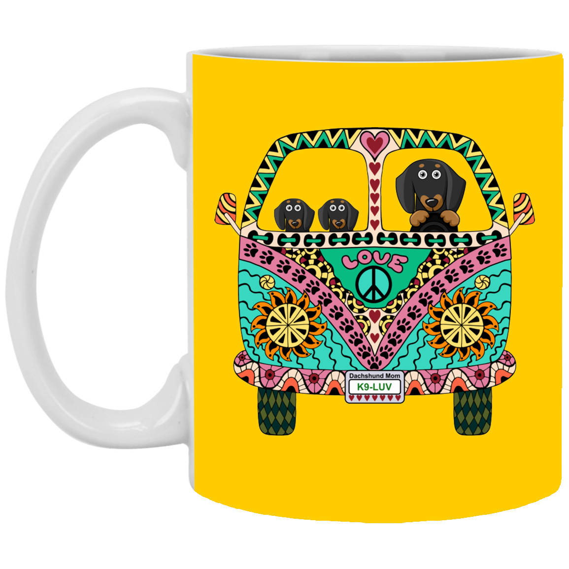 CustomCat Coffee Mug SMALL Mug 11 oz. / Athletic Gold Dachshunds Love Bus Black + Tan Dog Mugs