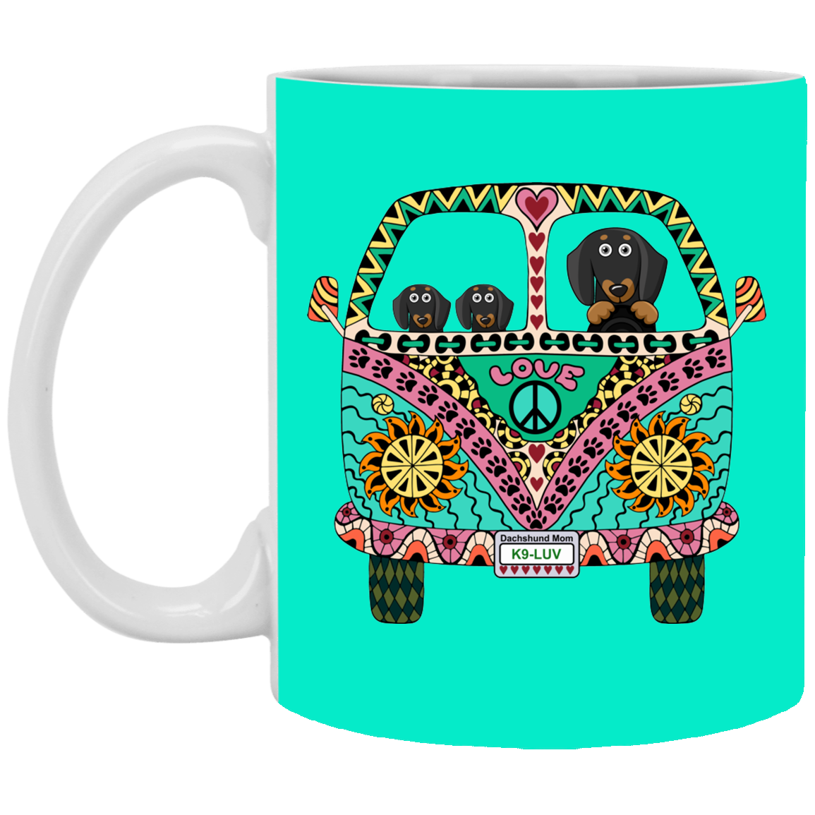 CustomCat Coffee Mug SMALL Mug 11 oz. / Teal Dachshunds Love Bus Black + Tan Dog Mugs