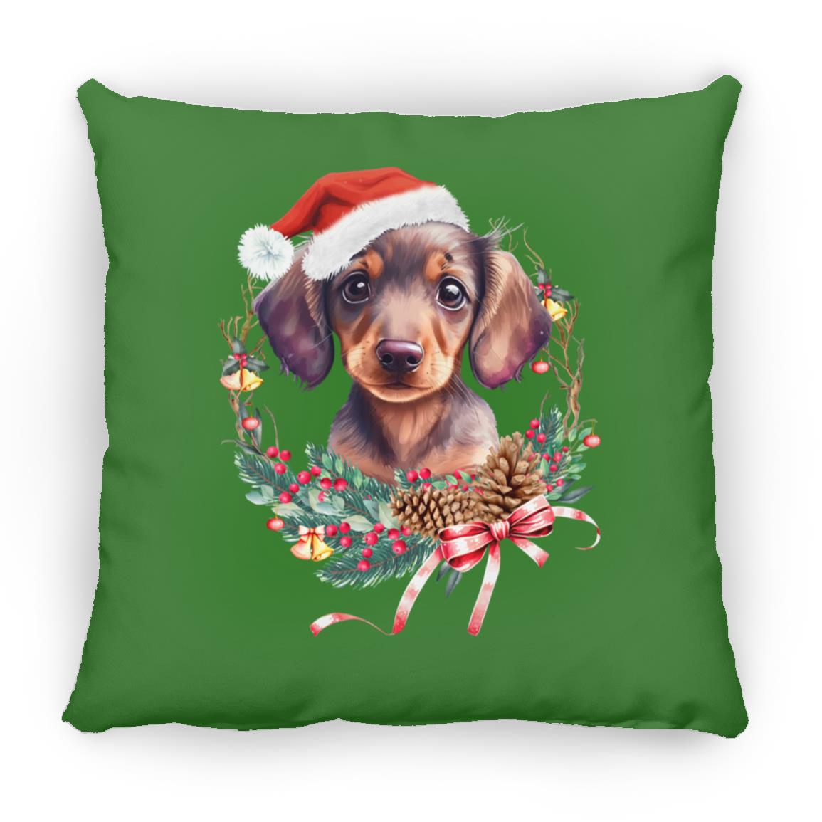CustomCat Apparel Small Square Pillow / Kelly Green / One Size Dachshund Puppy Wreath Pillows