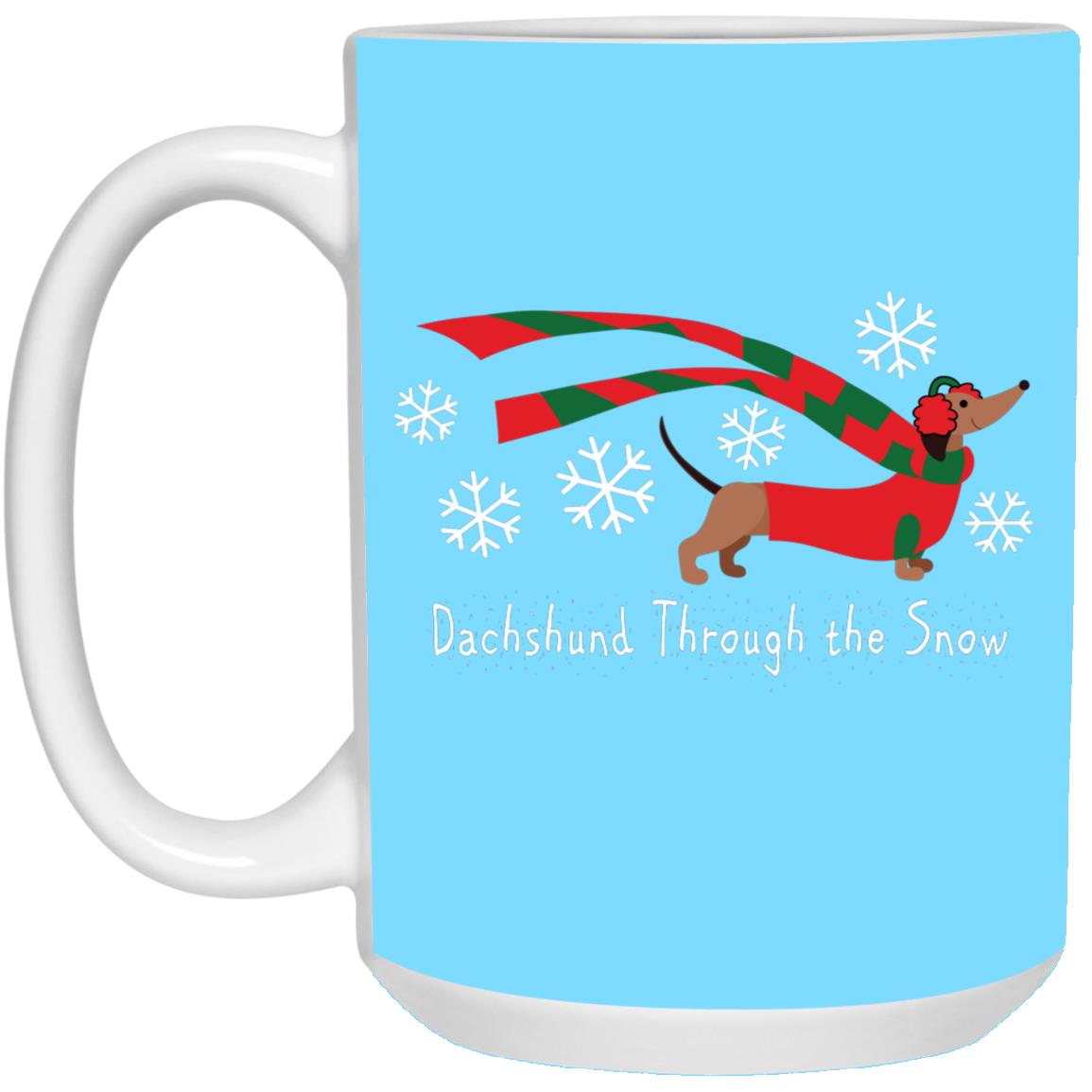 CustomCat Apparel 15 oz. White Mug / Columbia Blue Dachshund Through The Snow Mugs