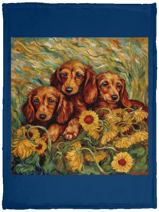 CustomCat Apparel VPS Cozy Plush Fleece Blanket - 30x40 / Royal Dachshund Puppies in a Sunflower Field Blankets