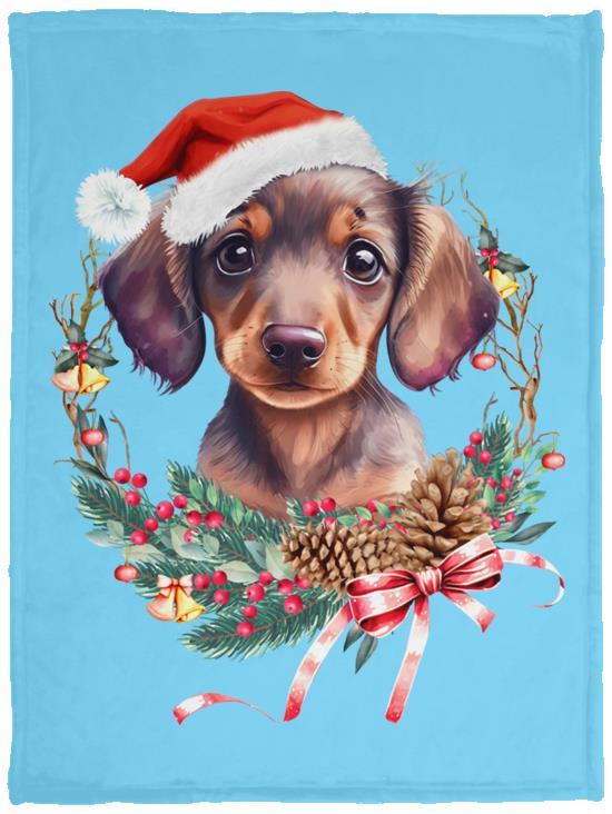 CustomCat Apparel VPS Cozy Plush Fleece Blanket - 30x40 / Columbia Blue / One Size Dachshund Puppy Wreath Blankets