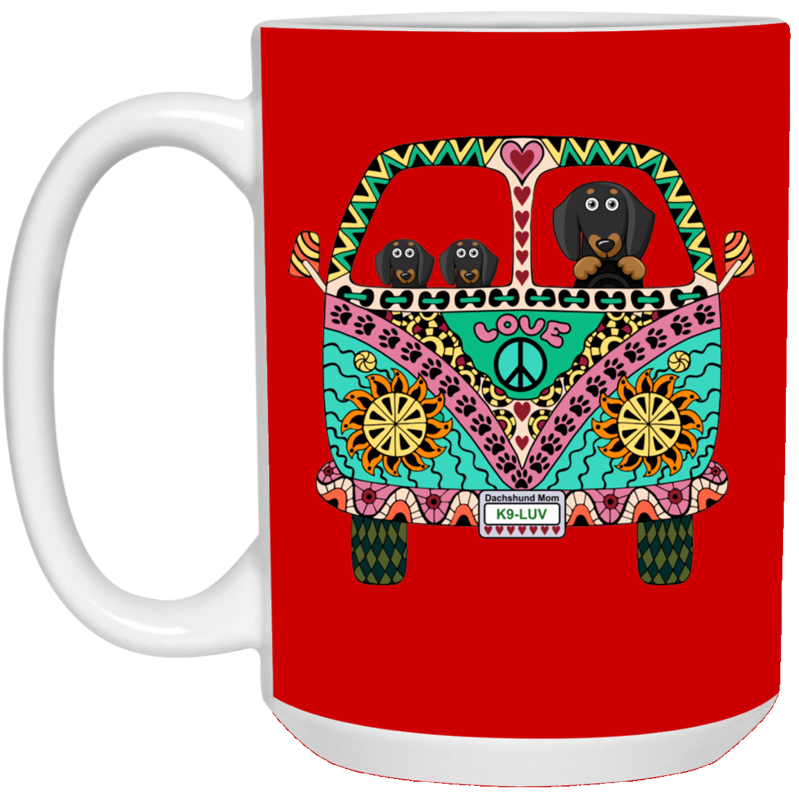 CustomCat Coffee Mug LARGE Mug 15 oz. / Red Dachshunds Love Bus Black + Tan Dog Mugs