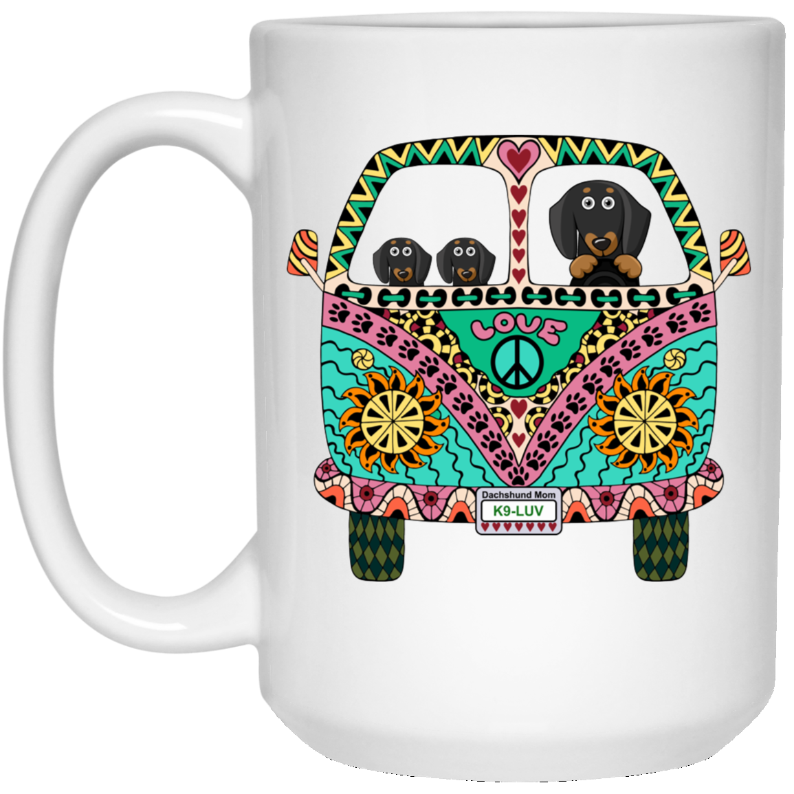 CustomCat Coffee Mug LARGE Mug 15 oz. / White Dachshunds Love Bus Black + Tan Dog Mugs