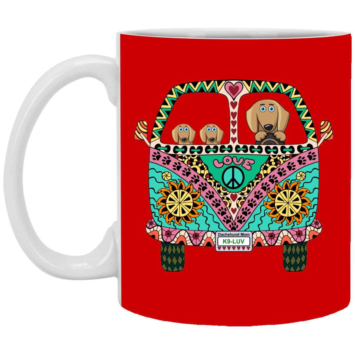 CustomCat Coffee Mug SMALL Mug 11 oz. / Red Dachshunds Love Bus Brown Dog Mugs