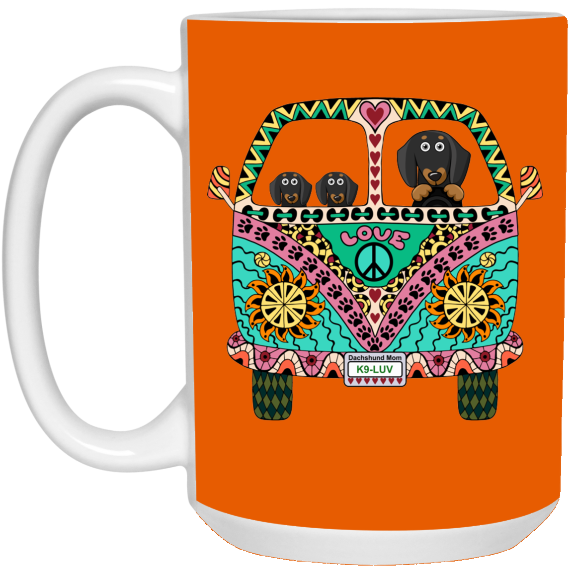 CustomCat Coffee Mug LARGE Mug 15 oz. / Burnt Orange Dachshunds Love Bus Black + Tan Dog Mugs