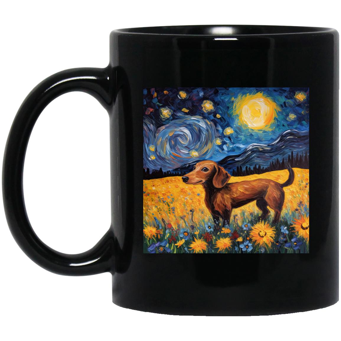 CustomCat Apparel 11 oz. Black Mug Dachshund Starry Night Flower Field Delight Mugs