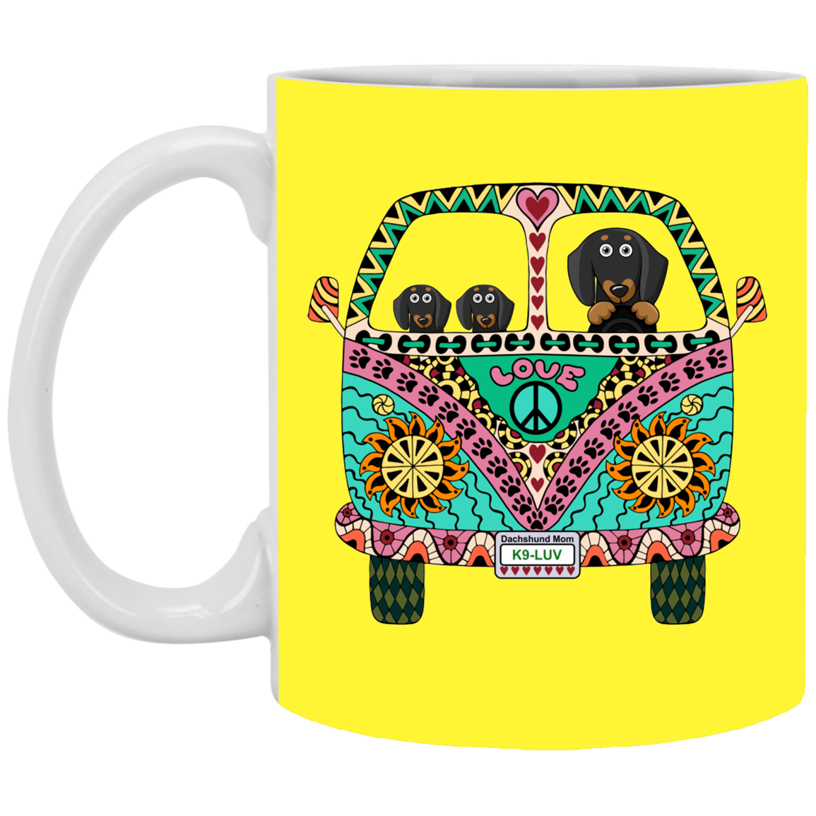 CustomCat Coffee Mug SMALL Mug 11 oz. / Yellow Dachshunds Love Bus Black + Tan Dog Mugs