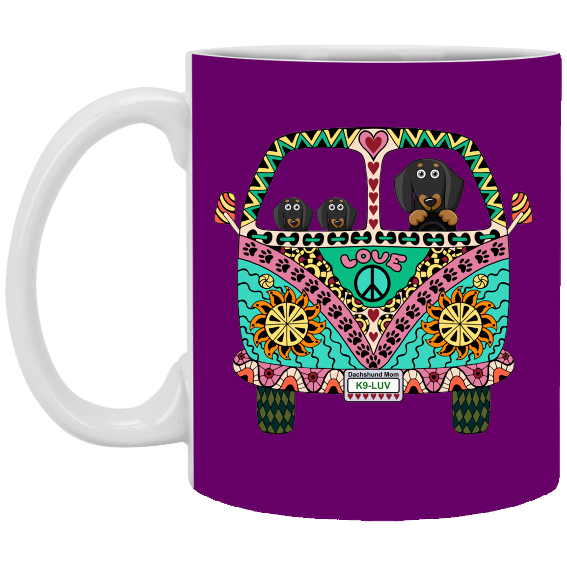 CustomCat Coffee Mug SMALL Mug 11 oz. / Purple Dachshunds Love Bus Black + Tan Dog Mugs