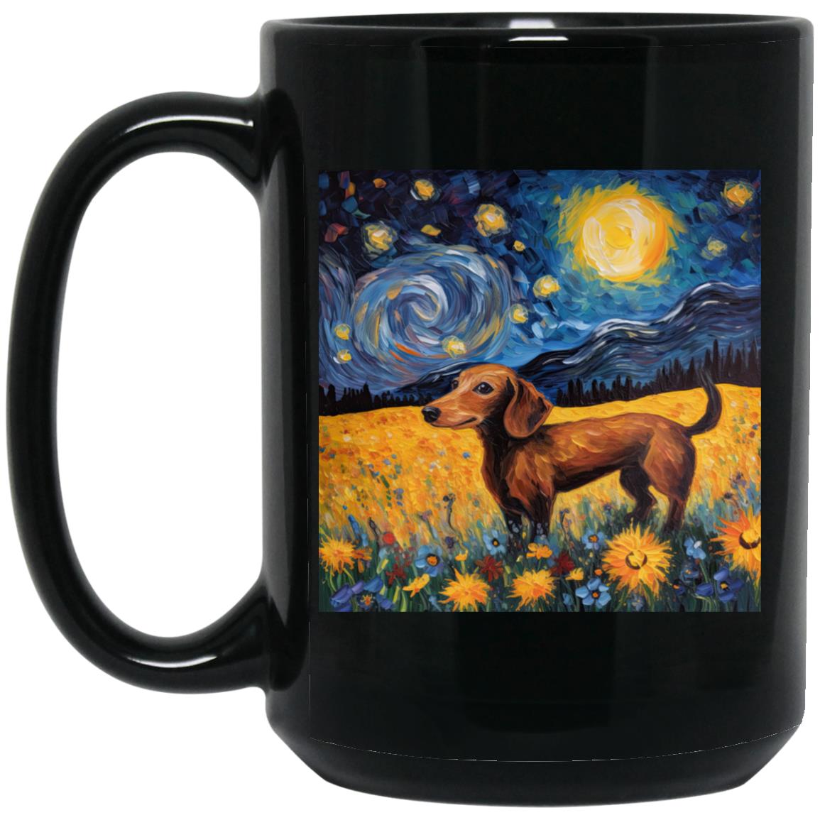 CustomCat Apparel 15 oz. Black Mug Dachshund Starry Night Flower Field Delight Mugs