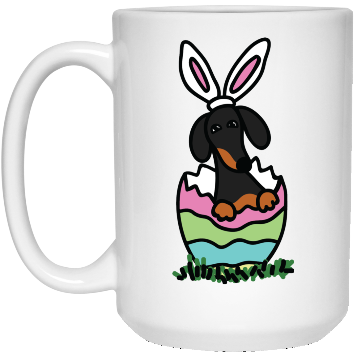 CustomCat Coffee Mug 15 oz. White Mug Dachshund Easter Egg Hatch Black and Tan Mugs