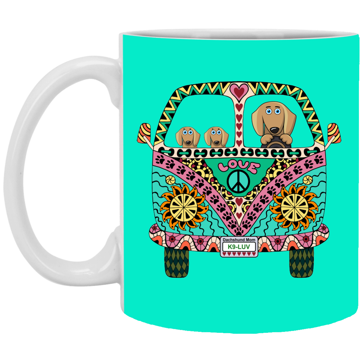 CustomCat Coffee Mug SMALL Mug 11 oz. / Teal Dachshunds Love Bus Brown Dog Mugs