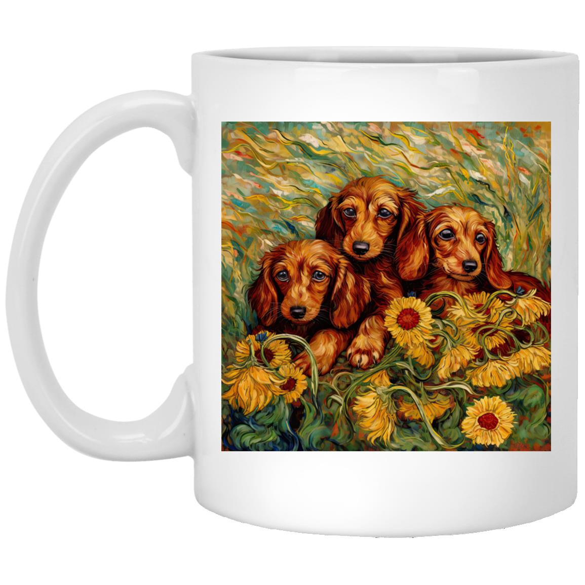 Dachshund Puppies in a Sunflower Field Mugs