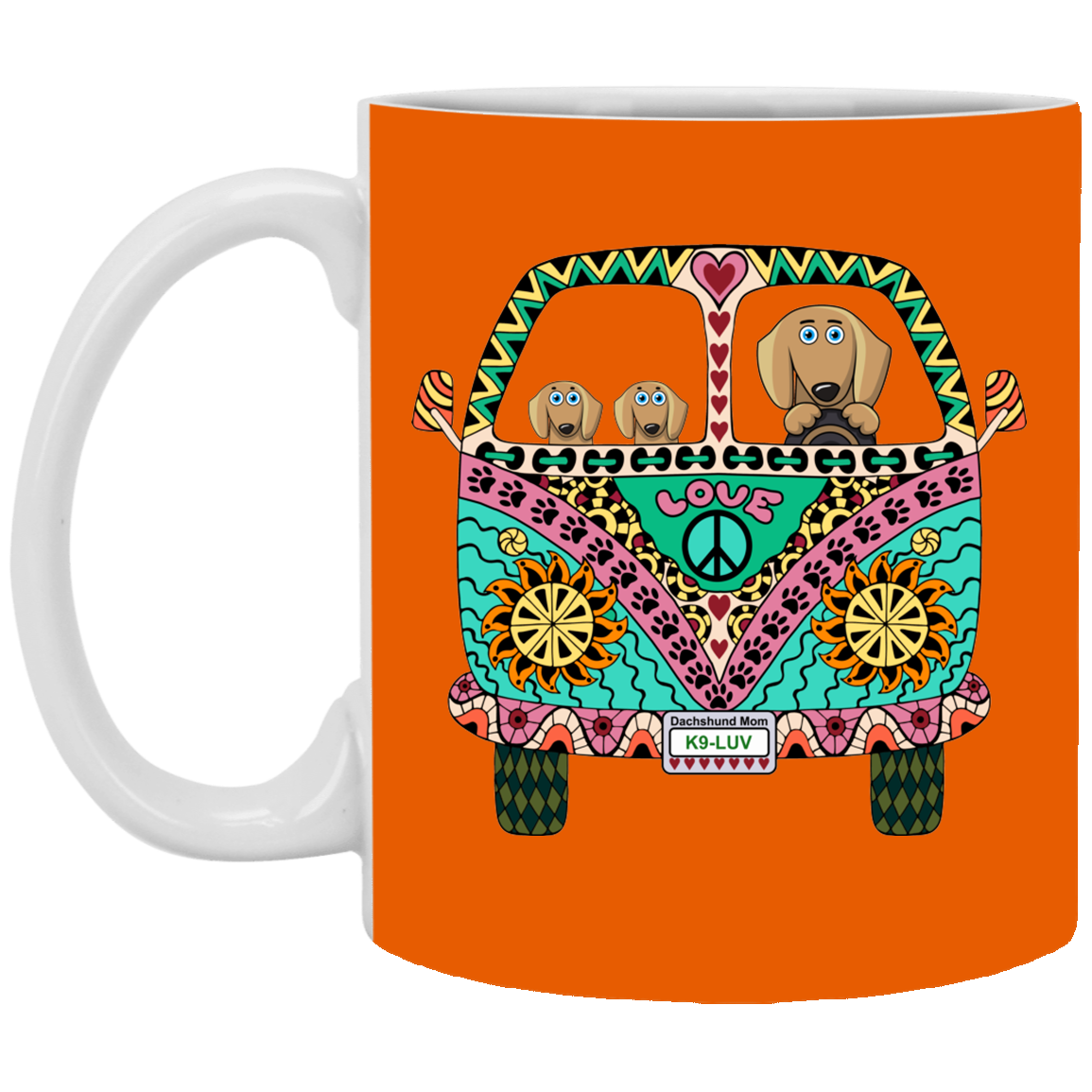 CustomCat Coffee Mug SMALL Mug 11 oz. / Burnt Orange Dachshunds Love Bus Brown Dog Mugs