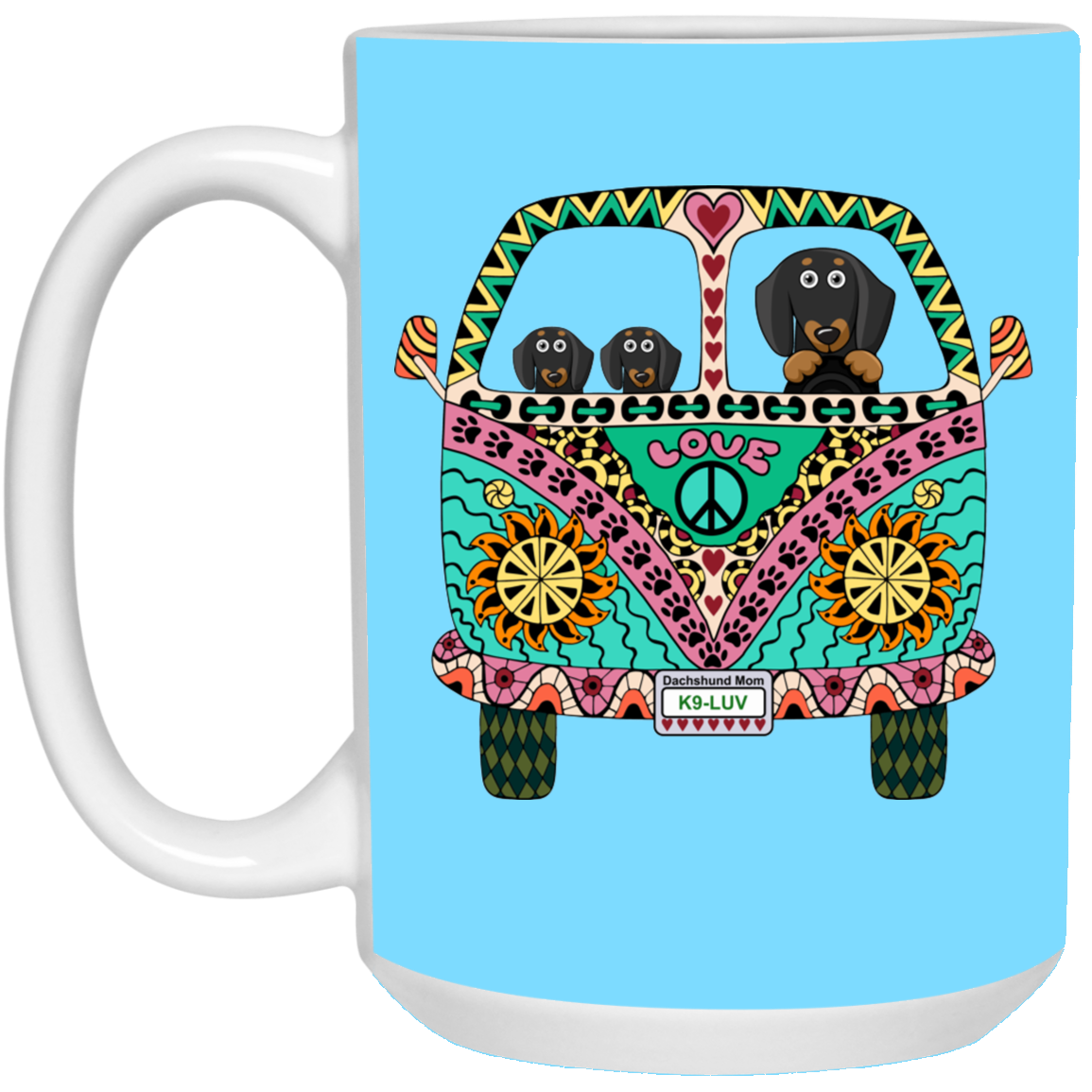 CustomCat Coffee Mug LARGE Mug 15 oz. / Columbia Blue Dachshunds Love Bus Black + Tan Dog Mugs