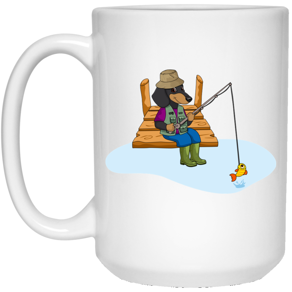 CustomCat Coffee Mug 15 oz. White Mug Dachshund Fishing Black and Tan Mug