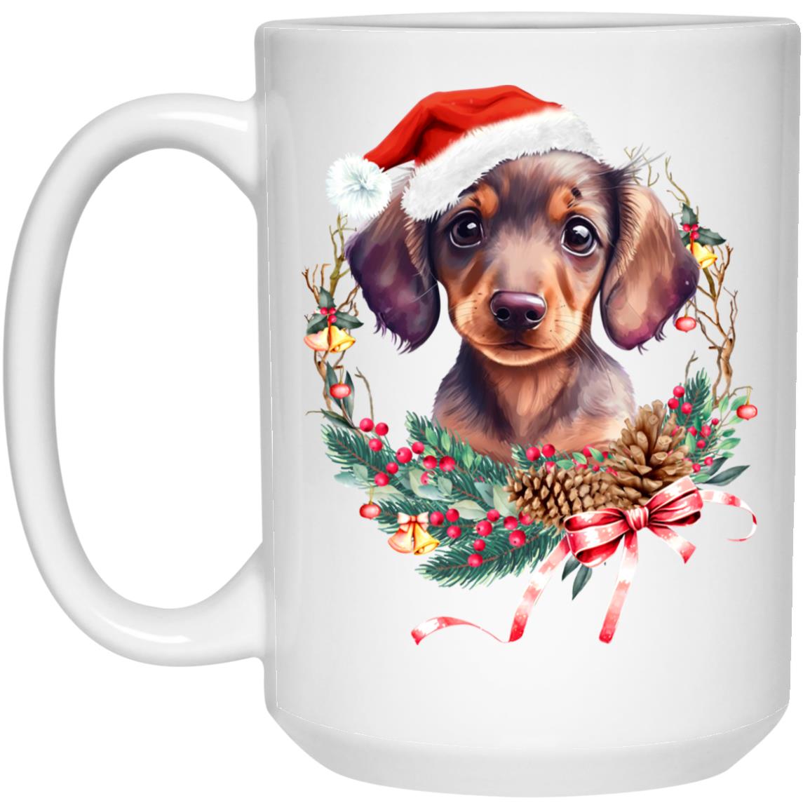CustomCat Apparel 11 oz. White Mug Dachshund Puppy Wreath Mug