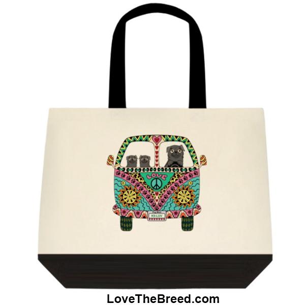 Pugs Love Bus Black Dogs Extra Large Tote