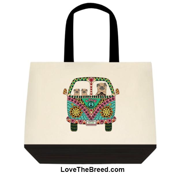 Pugs Love Bus Tan Dogs Extra Large Tote