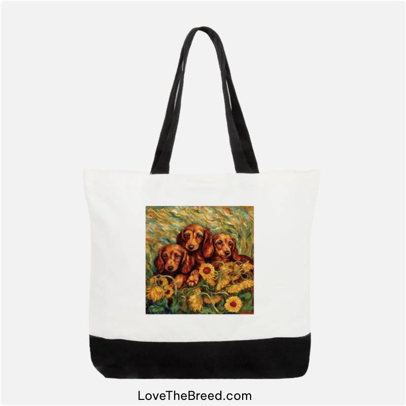 Dachshund Puppies in a Sunflower Field Extra Large Tote