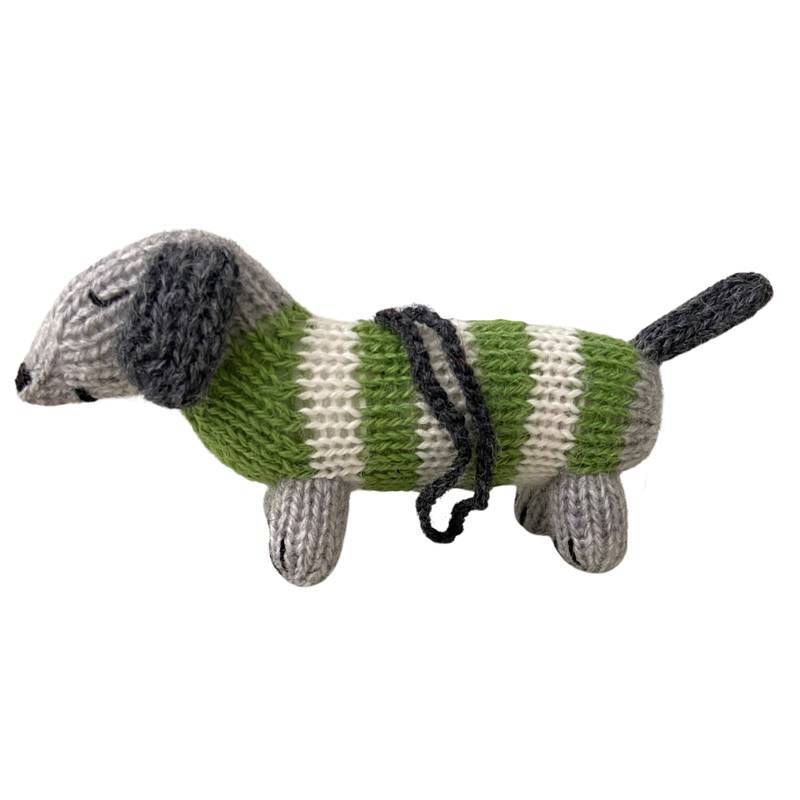 Melange Ornaments Green Dachshunds in striped sweaters handmade knit ornaments