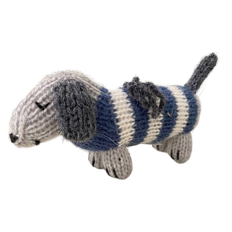 Melange Ornaments Navy Blue Dachshunds in striped sweaters handmade knit ornaments