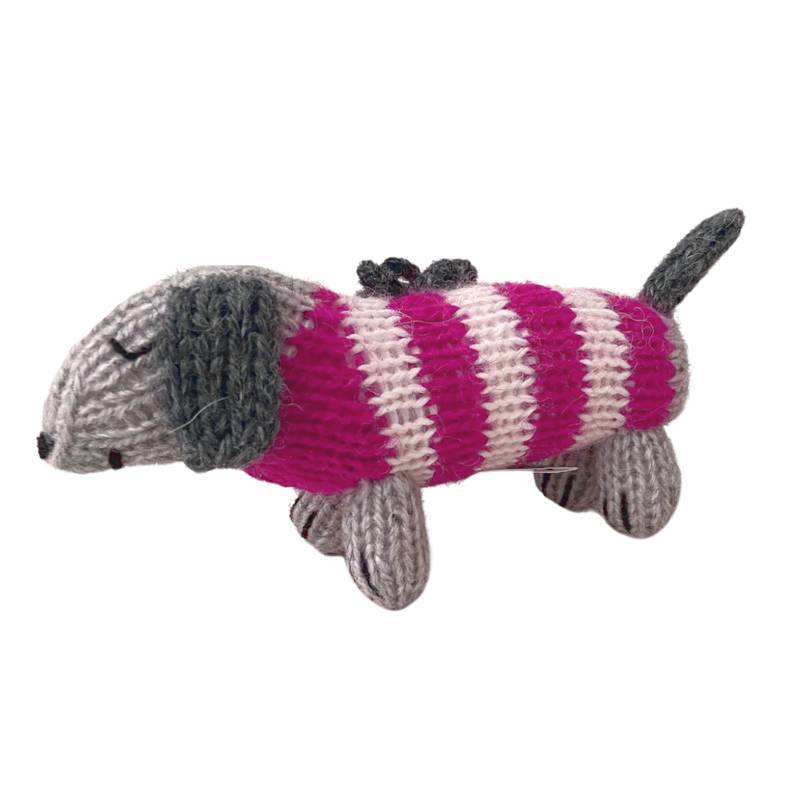 Melange Ornaments Pink Dachshunds in striped sweaters handmade knit ornaments