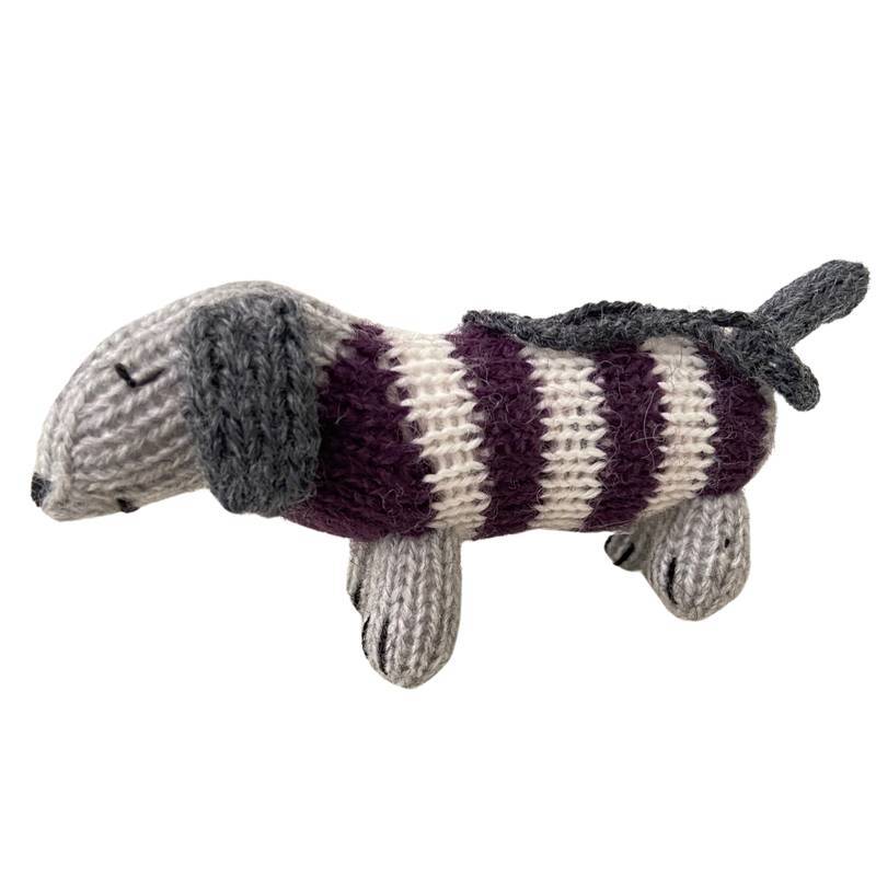 Melange Ornaments Purple Dachshunds in striped sweaters handmade knit ornaments