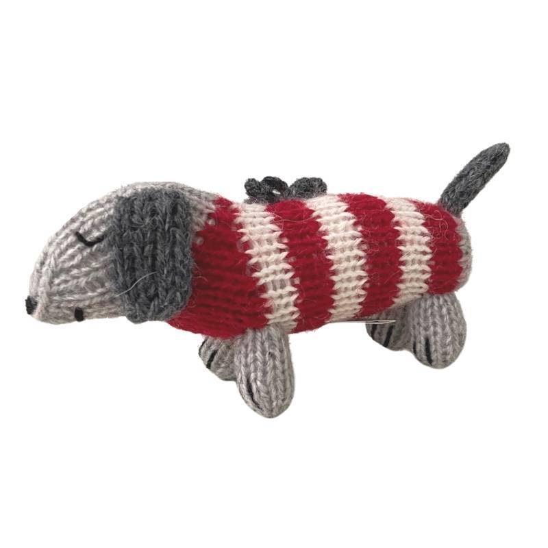 Melange Ornaments Red Dachshunds in striped sweaters handmade knit ornaments