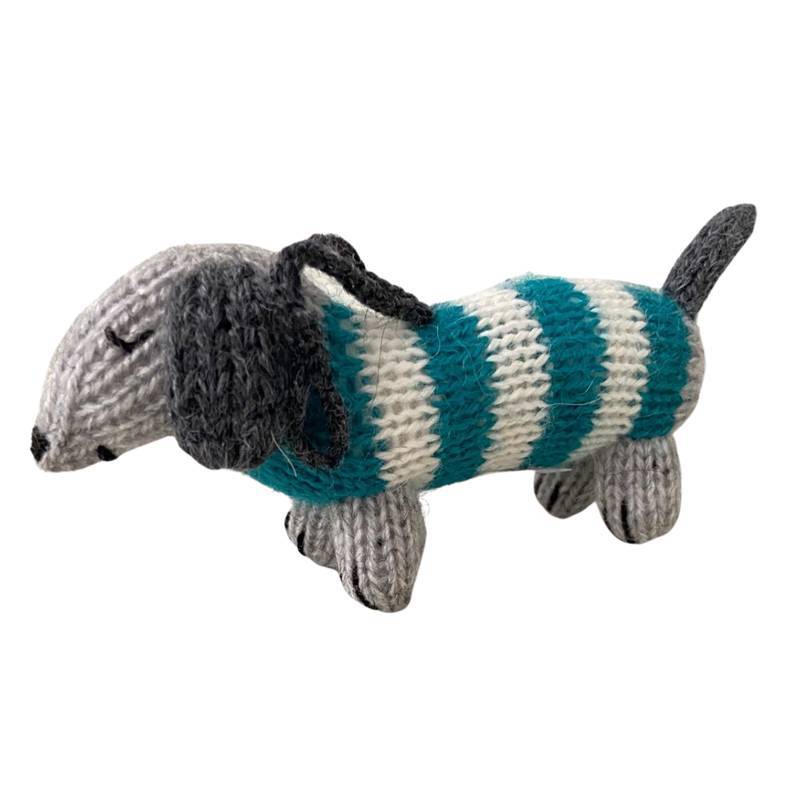 Melange Ornaments Teal Dachshunds in striped sweaters handmade knit ornaments