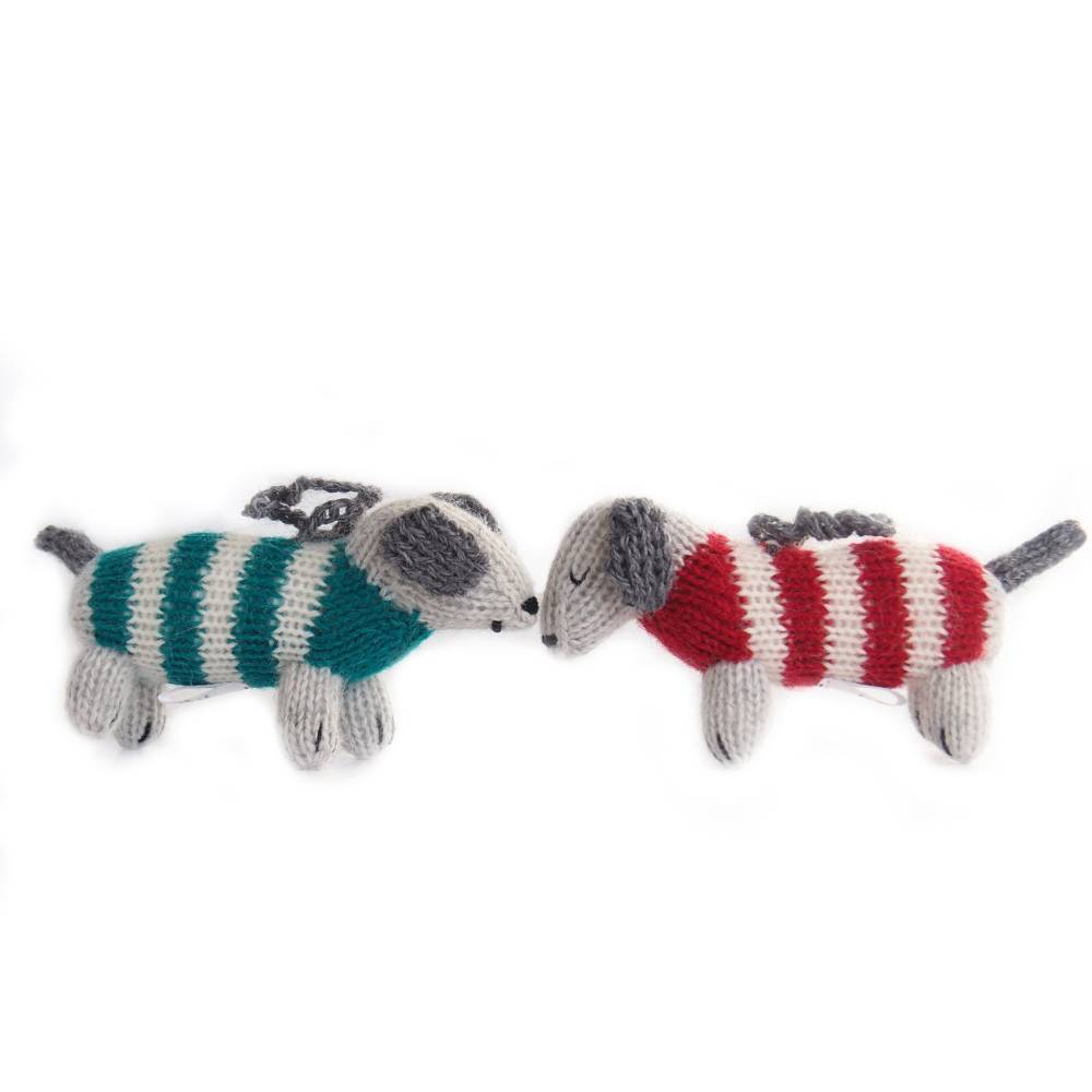 Melange Ornaments Dachshunds in striped sweaters handmade knit ornaments