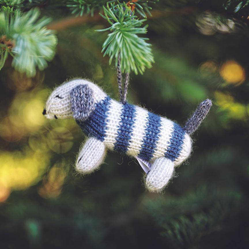 Dachshunds in striped sweaters handmade knit ornaments